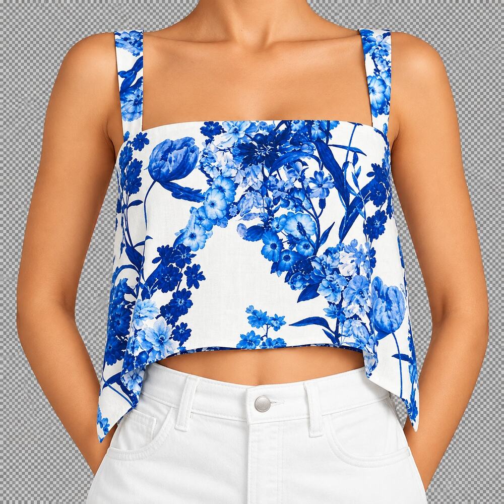 Cara Cara Nancy Top - Cropped - Blue + White Floral Print - Size M